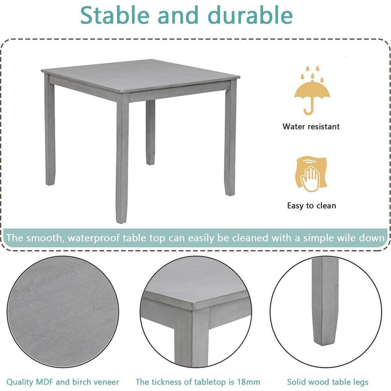 5 Piece Modern Dining Set, Square Wooden Dining Table with 4 Upholstered Chairs for Kitchen, Dining Room, Gray