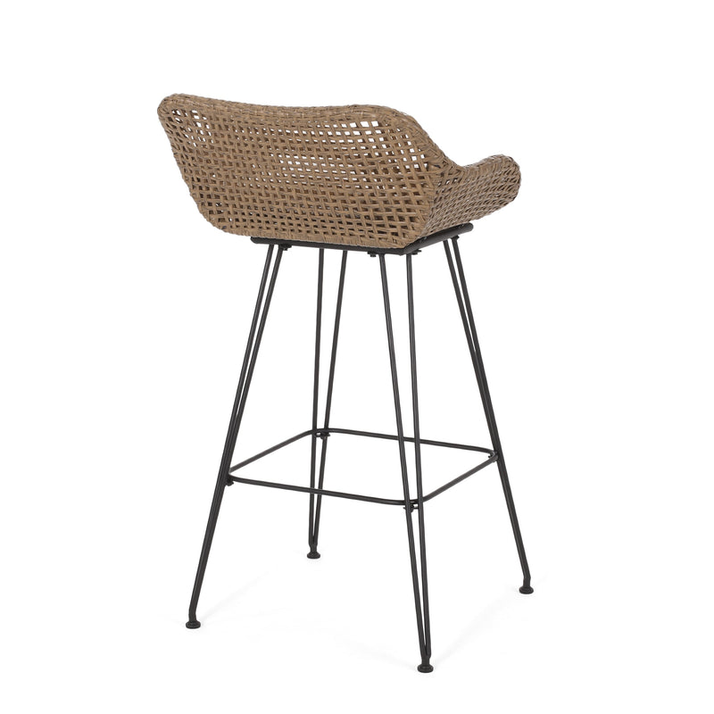 Walker Edison | Outdoor 29.25'' Wicker and Iron Barstool with Cushion (Set of 2)