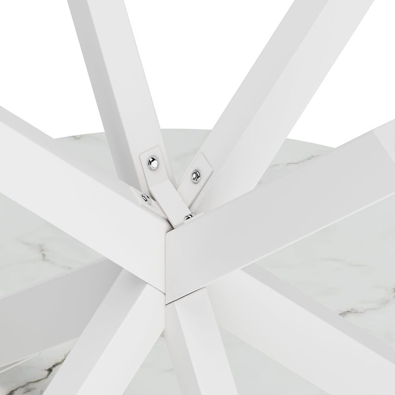 31.5" Modern Cross Leg Round Dining Table, White Marble Top Occasional Table, Two Piece Removable Top, Matte Finish Iron Legs
