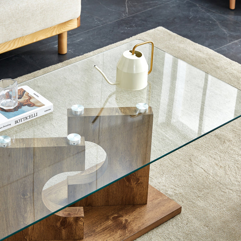 A rectangular modern and fashionable coffee table with tempered glass tabletop and wooden color MDF legs. Suitable for living room.47.2"x25.5"x18"