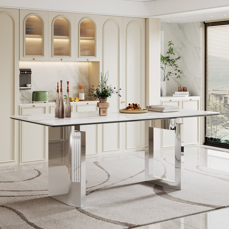 0.47" Thick Sintered Stone Composite Tempered Glass Top Rectangular Dining Table with Stainless Steel Base