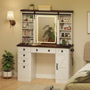 Farmhouse Vanity Desk with Barn-Style Sliding Mirror and 3 Lighting Modes-White by LJGDeals