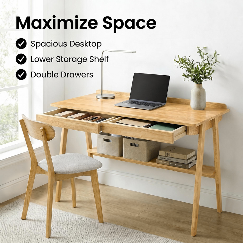 Solid Wood Writing Desk with 2 Drawers & Storage Shelf, photo 6 of 10