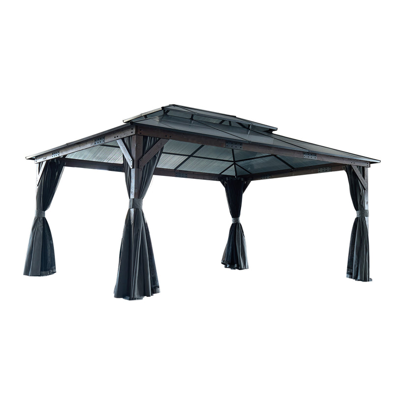 12' x 16' Hardtop Cedar Wood Gazebo for Patios, Outdoor Cedar Framed Gazebo with Double Metal Roof, Solid Wooden Framed Gazebo with Privacy Curtains and Mosquito Nettings for Garden, Backyard