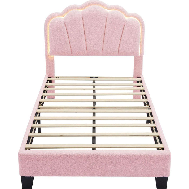 2-Pieces Bedroom Sets Twin Size Flower-Shaped Upholstered LED Platform Bed with Storage Ottoman-Sherpa Fabric, Pink