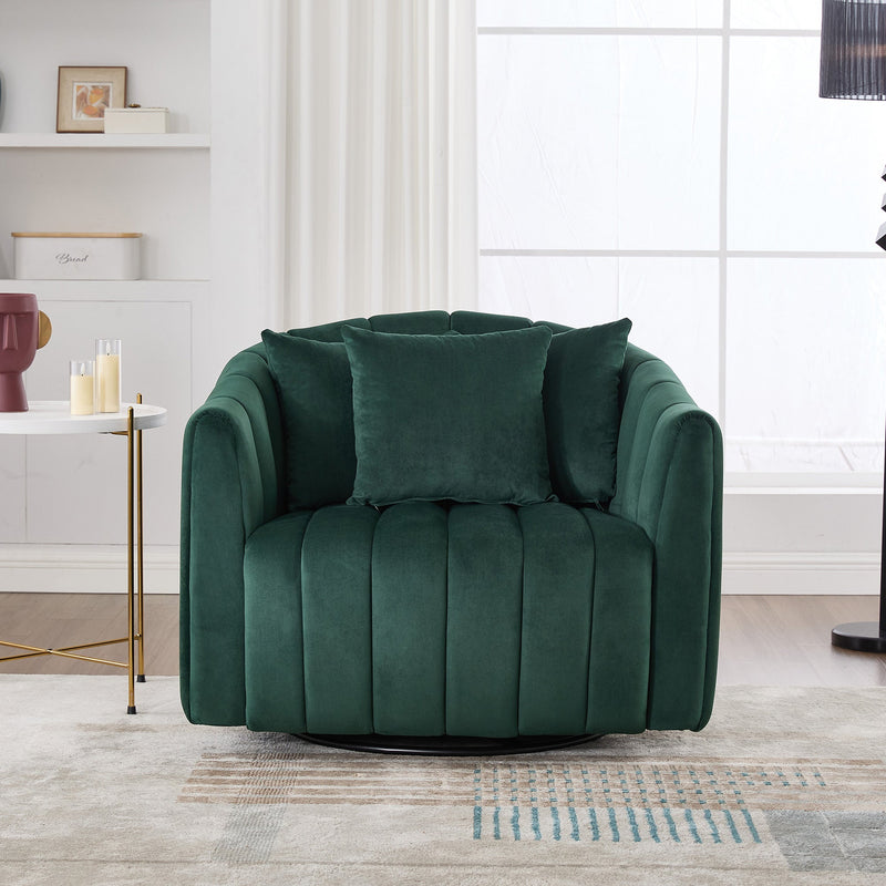 40.35'W Upholstered Oversized 360° Swivel Accent Barrel Chair and Half Cozy Sofa with 3 Pillows, Velvet Channel Tufted Pumpkin-Shape Club Armchair for Living Room, Bedroom, Office, Lounge, Green