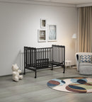 3-In-1 Convertible Crib In Storm BLACK, Made Of Sustainable Pinewood, Non-Toxic Finish, Comes With Locking Wheels, Wooden Nursery Furniture