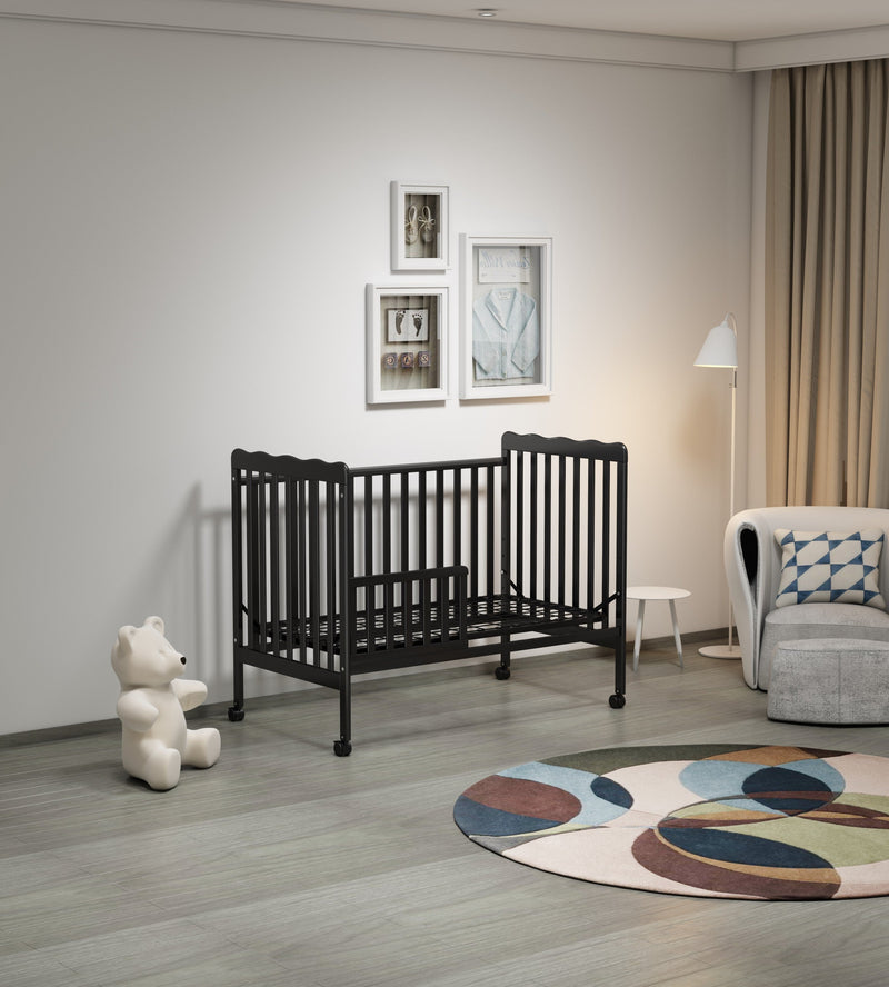 3-In-1 Convertible Crib In Storm BLACK, Made Of Sustainable Pinewood, Non-Toxic Finish, Comes With Locking Wheels, Wooden Nursery Furniture