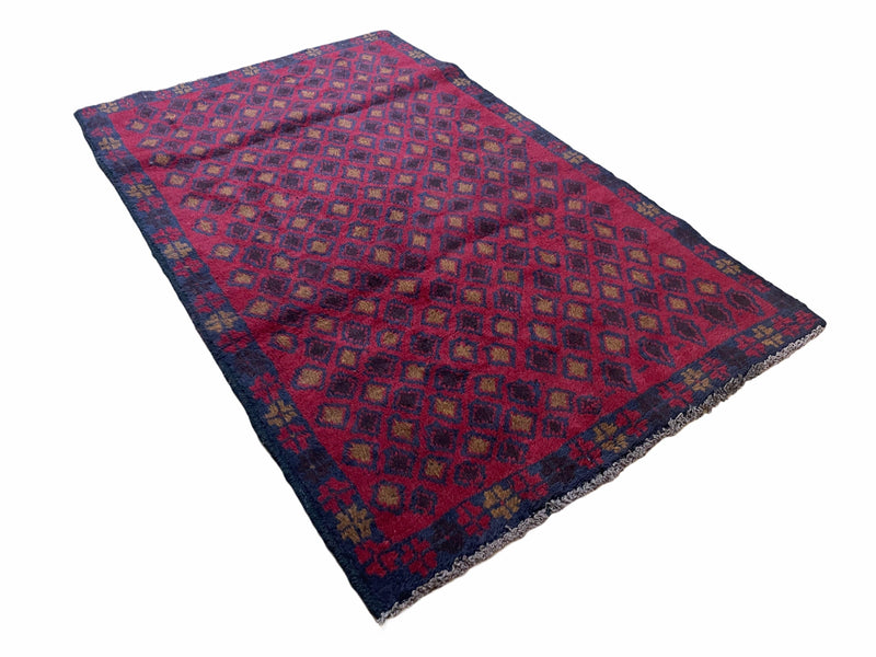 3x5 New Vintage Handmade Tribal Wool Rug Balouch Rug Afghan Rug Red Blue Diamond