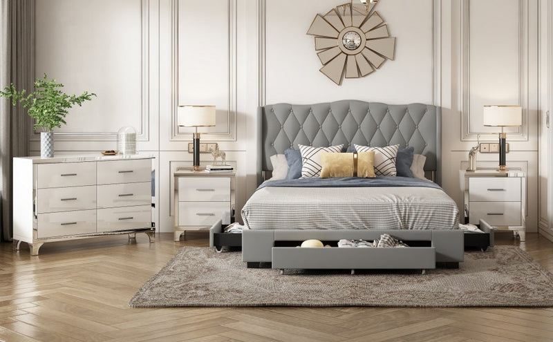4-Pieces Bedroom Sets Queen Size Upholstered Bed with Three Drawers, High Gloss Mirrored Nightstands and Dresser with Metal handles and Legs