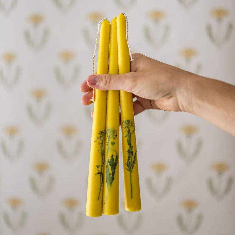 Floral Inlaid Tapered Candles in Yellow- Set of 3