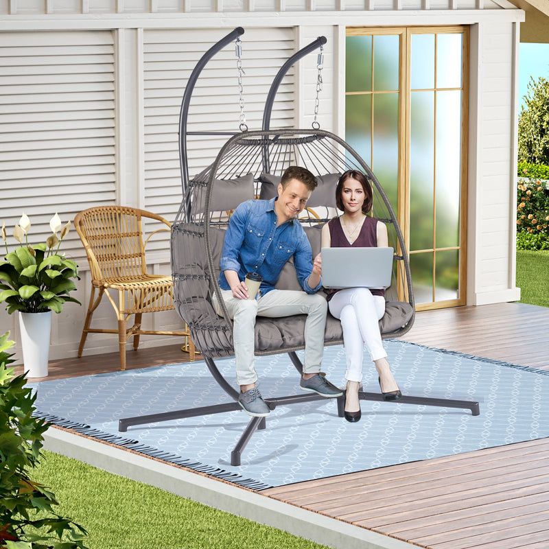2 Person Outdoor Rattan Hanging Chair Patio Wicker Egg Chair