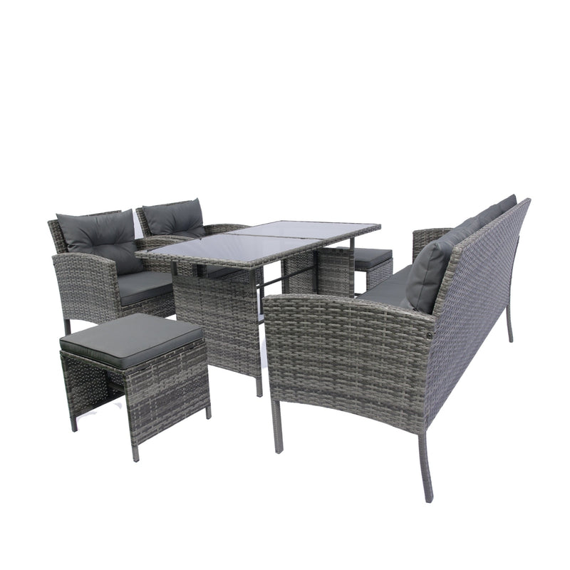 6 Piece Patio Wicker Sectional Set Patio Backyard Conversation Set Grey Wicker + Dark Grey Cushion