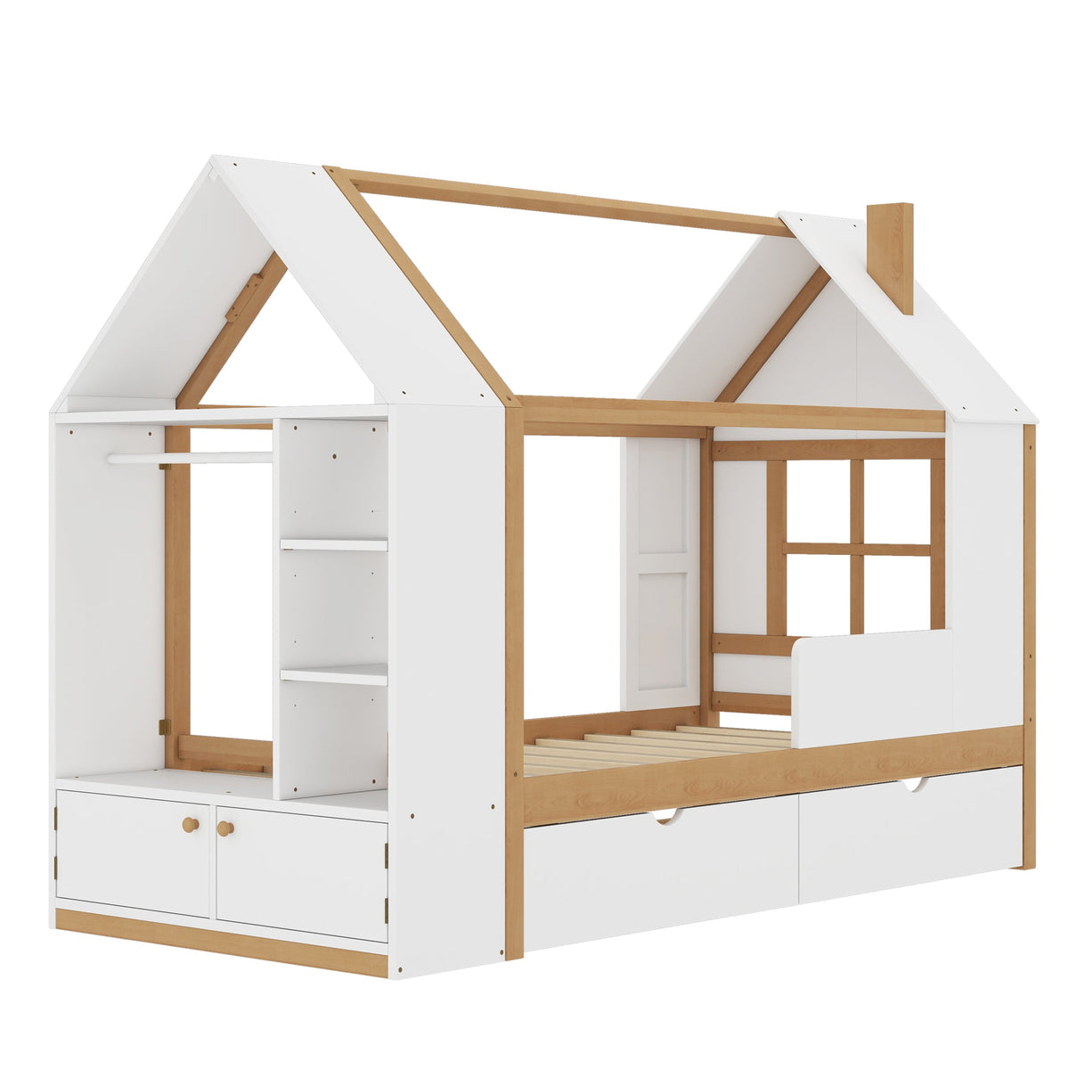 Twin Size House Platform Bed with Drawers, Solid Wood House Bed with Shelves, photo 9 of 10