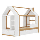 Twin Size House Platform Bed with Drawers, Solid Wood House Bed with Shelves