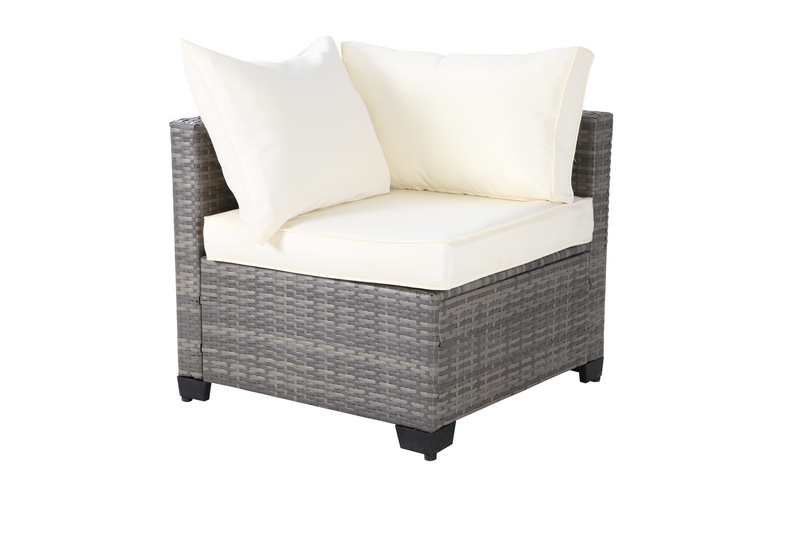 All-Weather 7-Piece Gray PE Wicker Patio Conversation Set with Beige Cushions and coffee table