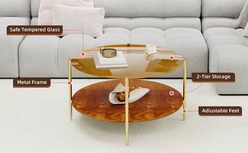 Luxurious Round Coffee Table with Gold-Tinted Tempered Glass Top, photo 2 of 10