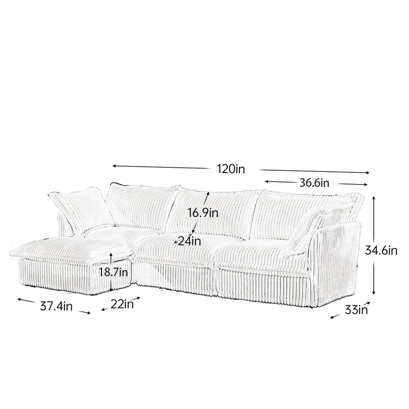 L-Shaped Slipcovered Sectional Sofa Couch, Comfy Deep Seat Cloud Couch with Convertible Ottoman & 2 Big Pillows, Modern Oversized 3 Seater Slipcovered Sofa Set for Living Room Office, Black Corduroy
