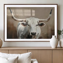 White Longhorn Bull Wall Art Canvas Print – Framed and Ready
