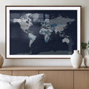 Blue Detailed World Map Wall Art Canvas Print, Modern Framed