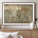 World Map Wall Art Canvas Print, Rustic Map Print, Framed