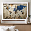 World Map Canvas Print – Vintage Blue and Gold World Map