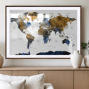 Modern Abstract World Map Canvas Wall Art – Framed Blue and