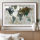 Vintage World Map Wall Art Canvas Print, Framed Rustic Earth
