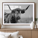 Texas Cow Longhorn Wall Art Canvas Print in Black and White