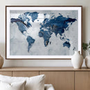 Modern Blue World Map Canvas Print – Framed Wall Art,