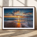 Sunset on the Ocean Beach with Waves, Reflections on Sand,
