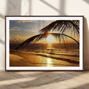 Golden Tropical Beach Sunset Canvas Triptych, Coastal Palm