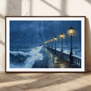 Stormy Ocean Pier Lights Canvas Wall Art Print - Large Moody
