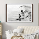Surfers on Waves Wall Art Canvas Print – Framed Black and