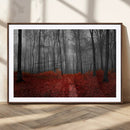 Red Forest Floor Canvas Wall Art – Mystical Foggy Woodland