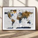 Modern Abstract World Map Canvas Wall Art – Framed Blue and