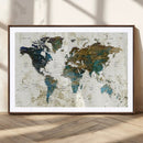 Vintage World Map Wall Art Canvas Print, Framed Rustic Earth