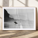 Surfer Beach Wall Art – Framed Black White Ocean Canvas