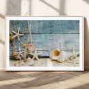 Seashells on Rustic Wooden Background, Seashells Wall Art