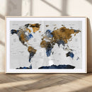 Modern Abstract World Map Canvas Wall Art – Framed Blue and