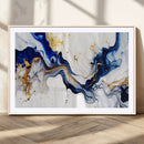 Golden Cascades on Midnight Blue – Deep Blue Abstract Wall