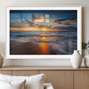 Sunset on the Ocean Beach with Waves, Reflections on Sand,