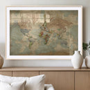 World Map Wall Art Canvas Print, Rustic Map Print, Framed