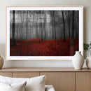 Red Forest Floor Canvas Wall Art – Mystical Foggy Woodland