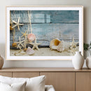 Seashells on Rustic Wooden Background, Seashells Wall Art