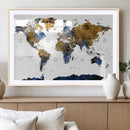 Modern Abstract World Map Canvas Wall Art – Framed Blue and
