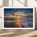 Sunset on the Ocean Beach with Waves, Reflections on Sand,