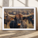 Majestic bull head close-up, long curved horns, detailed fur by MyGreatCanvas | Canvas Wall Art Prints | Photo Prints & Wall Decor