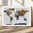 Modern Abstract World Map Canvas Wall Art – Framed Blue and