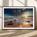 Golden Hour Beach Sunset Canvas Triptych, Ocean Waves and